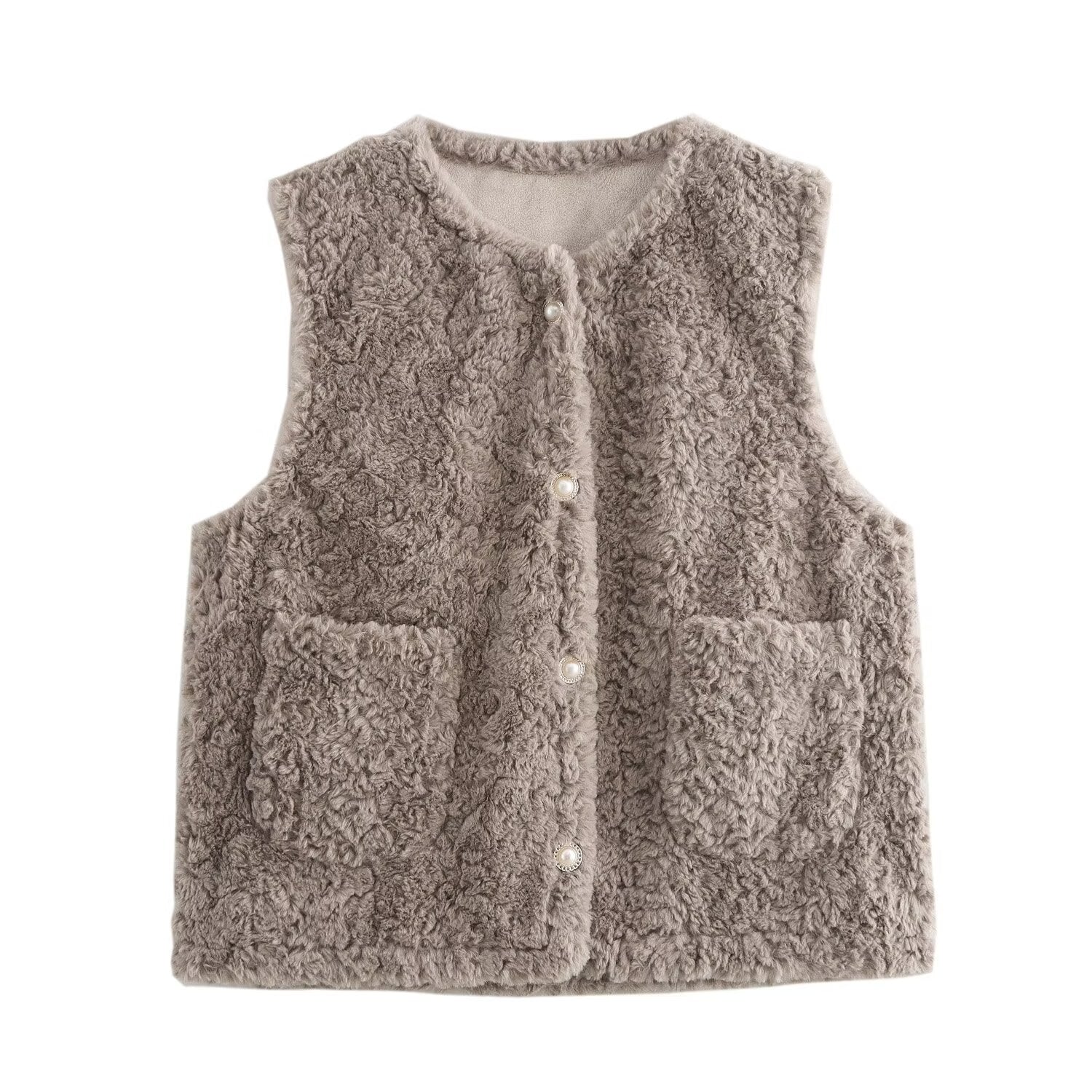 Women Casual Button Solid Color Lamb Fur Faux Shearling Jacket Sleeveless Waistcoat Vest