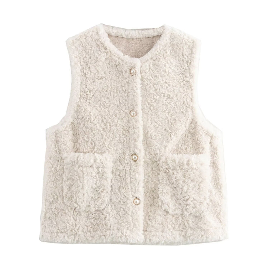 Women Casual Button Solid Color Lamb Fur Faux Shearling Jacket Sleeveless Waistcoat Vest