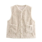 Women Casual Button Solid Color Lamb Fur Faux Shearling Jacket Sleeveless Waistcoat Vest