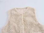Women Casual Button Solid Color Lamb Fur Faux Shearling Jacket Sleeveless Waistcoat Vest