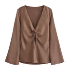 Women's Women Bowknot Silk Satin Texture Long Sleeve Shirt