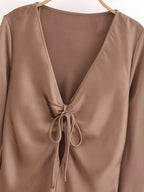 Women's Women Bowknot Silk Satin Texture Long Sleeve Shirt