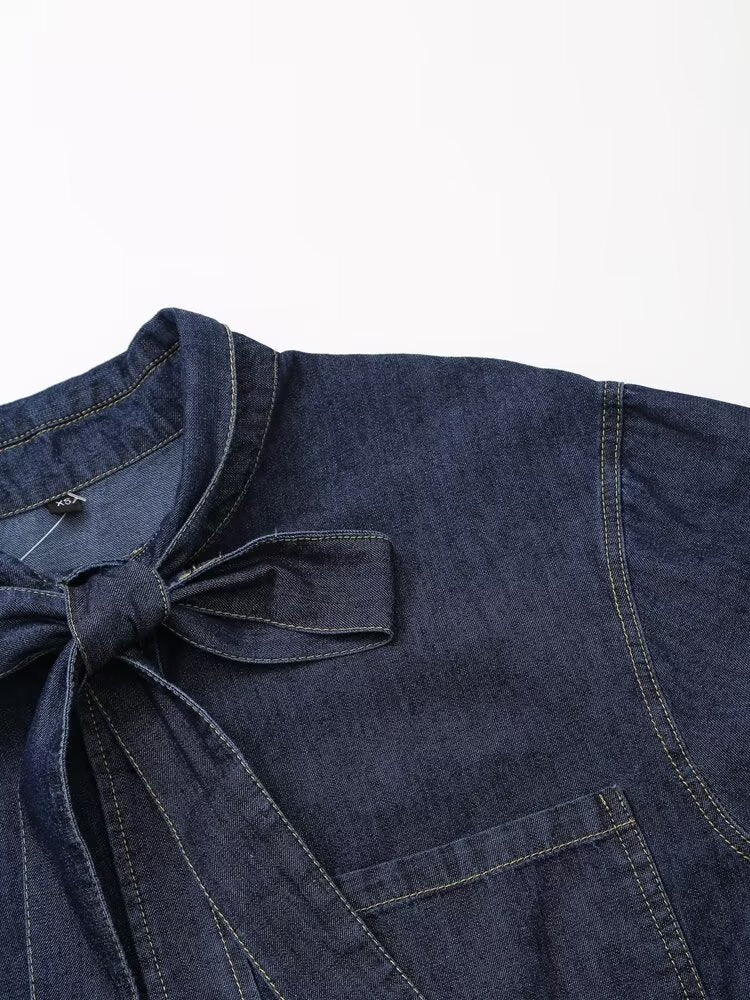 Women's Long Sleeve Bowknot Decorative Denim Shirt