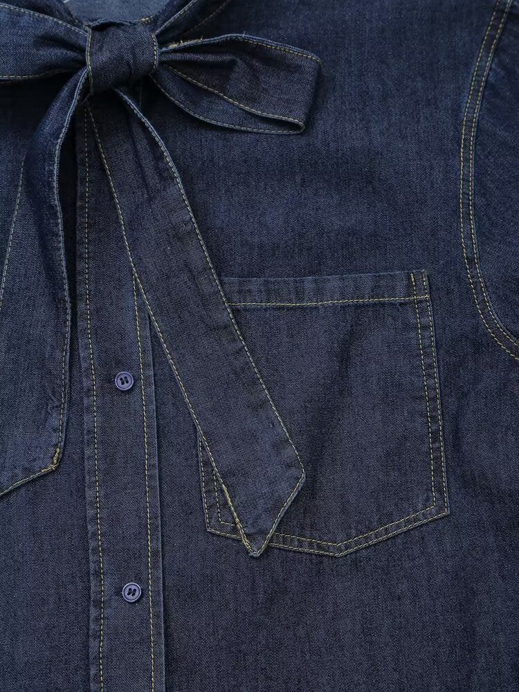 Women's Long Sleeve Bowknot Decorative Denim Shirt