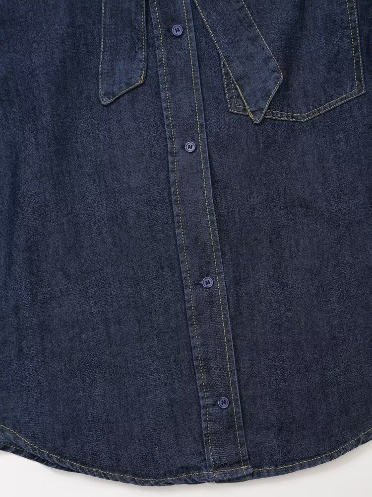 Women's Long Sleeve Bowknot Decorative Denim Shirt