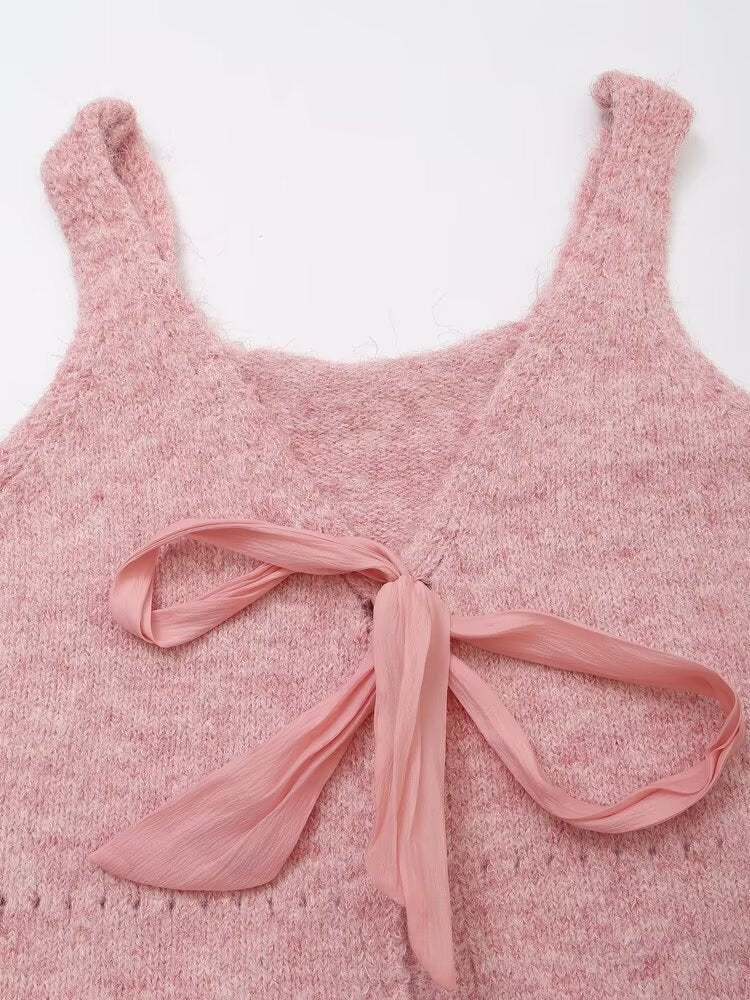Women's Slim Fit Solid Color Knitted Ribbon Vest