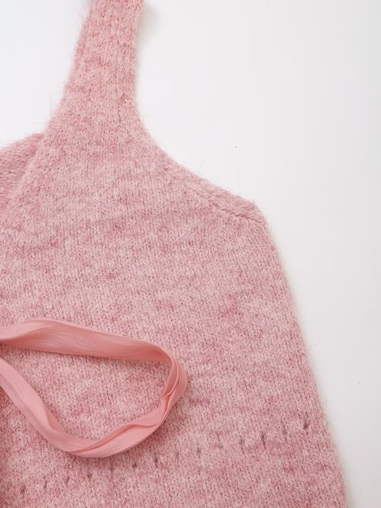 Women's Slim Fit Solid Color Knitted Ribbon Vest