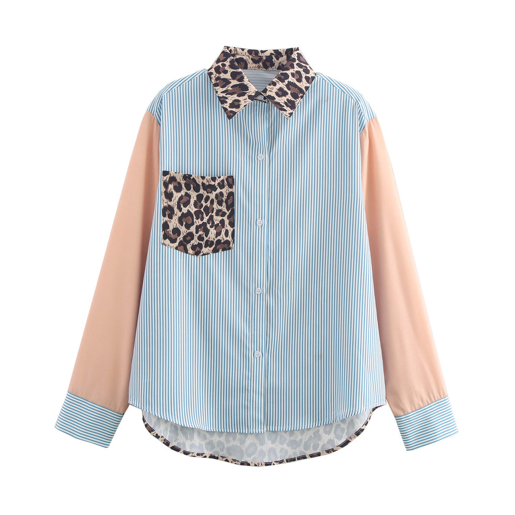 Women's Collared Long Sleeve Pocket Printing Color Contrast Shirt
