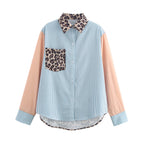 Women's Collared Long Sleeve Pocket Printing Color Contrast Shirt