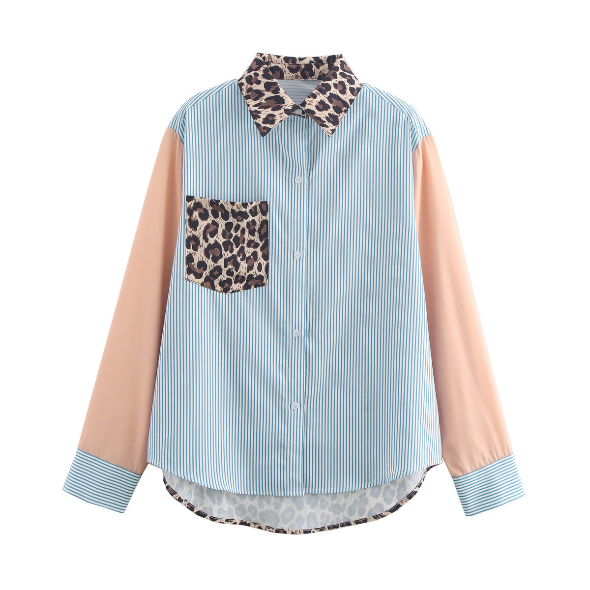 Women's Collared Long Sleeve Pocket Printing Color Contrast Shirt