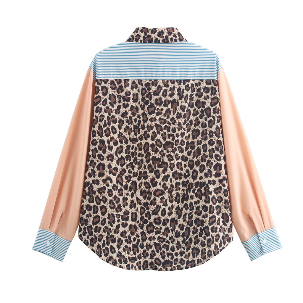 Women's Collared Long Sleeve Pocket Printing Color Contrast Shirt