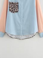 Women's Collared Long Sleeve Pocket Printing Color Contrast Shirt