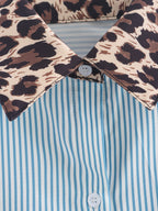 Women's Collared Long Sleeve Pocket Printing Color Contrast Shirt