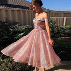 Off-Shoulder Sequin Ruched A-Line Midi Dress