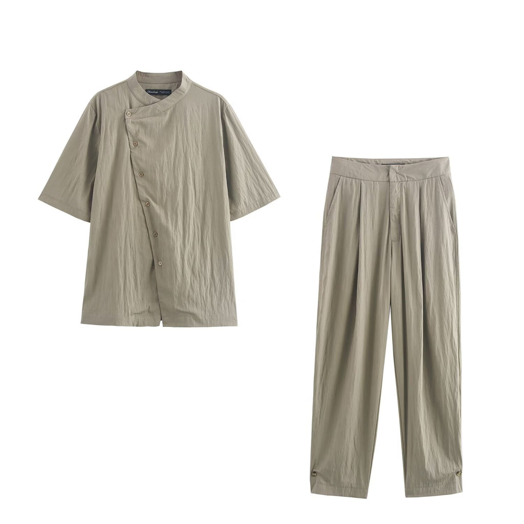 Autumn Commuting Asymmetric Shirt Trousers Button Decoration Pants Set