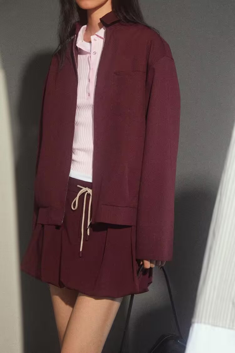 Women's Fall Zipper Pocket Short Jacket and Skirt Two-Piece Set
