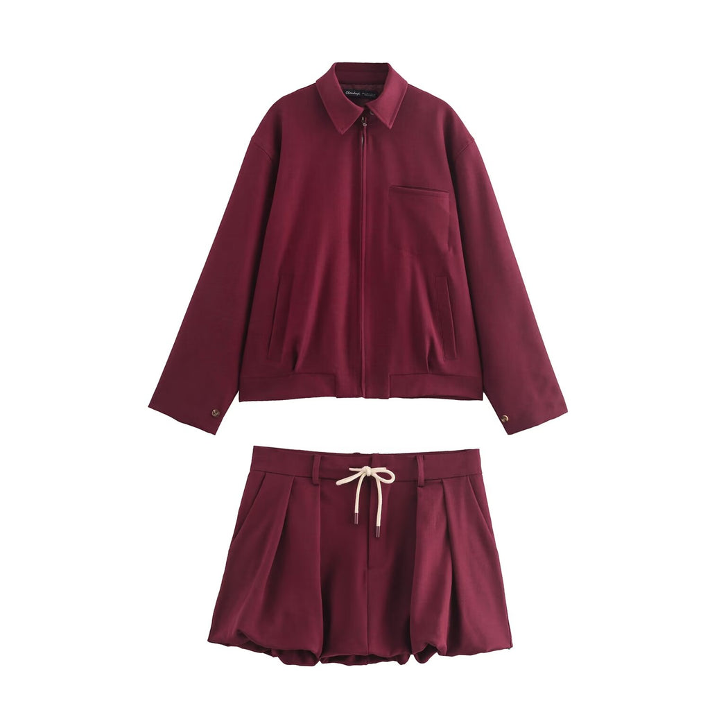 Women's Fall Zipper Pocket Short Jacket and Skirt Two-Piece Set