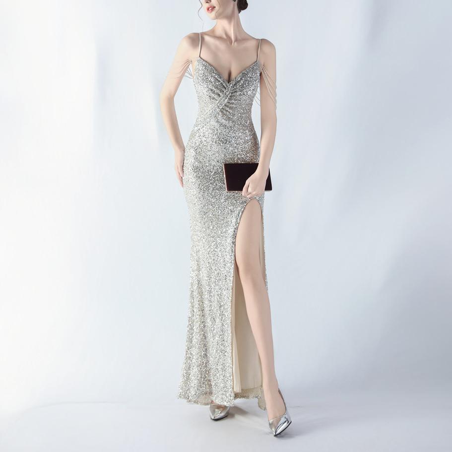 Women's Beaded Sequin High-Slit Evening Dress