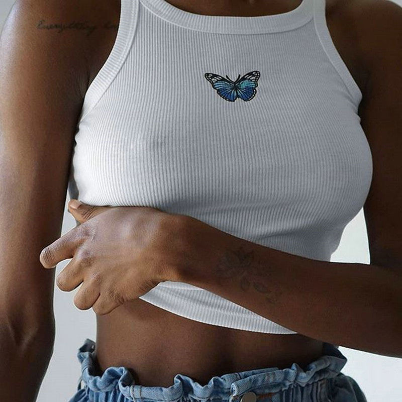 Spring Summer Camisole Women Butterfly Print Short Slim Fit Cropped Bottoming Shirt