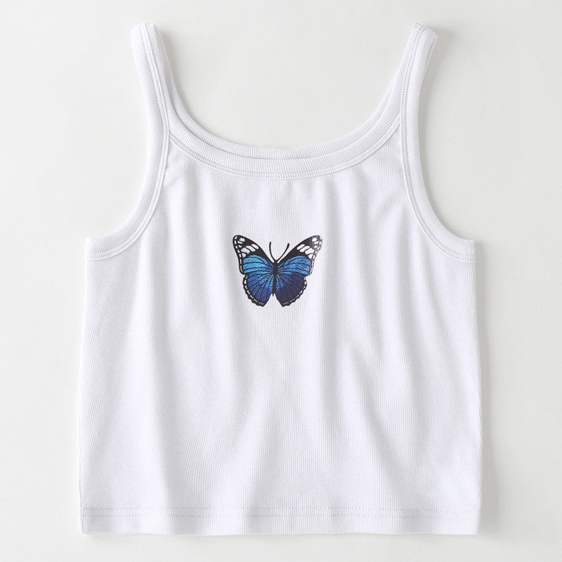 Spring Summer Camisole Women Butterfly Print Short Slim Fit Cropped Bottoming Shirt