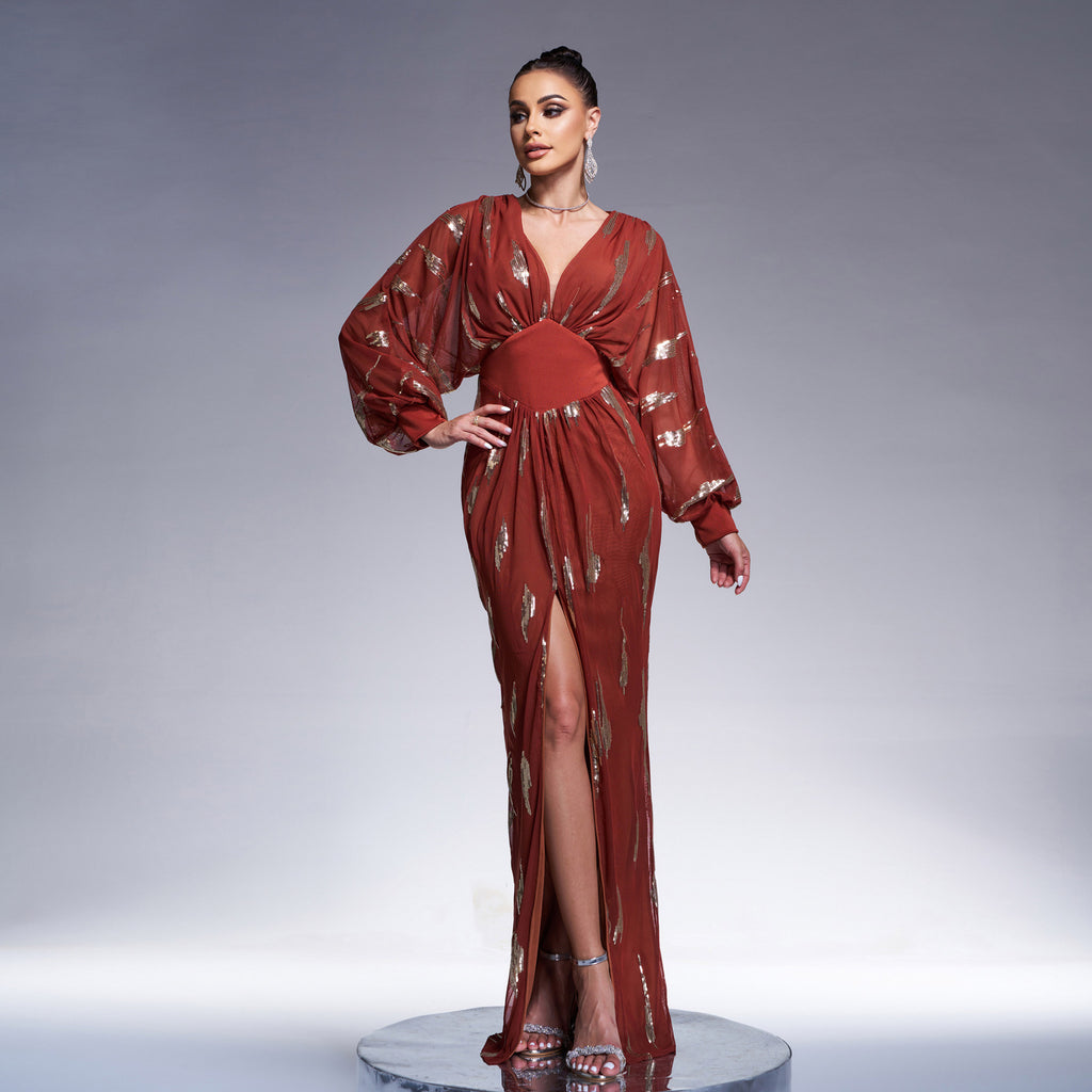 Women's V-Neck Sequin Split Maxi Evening Dress