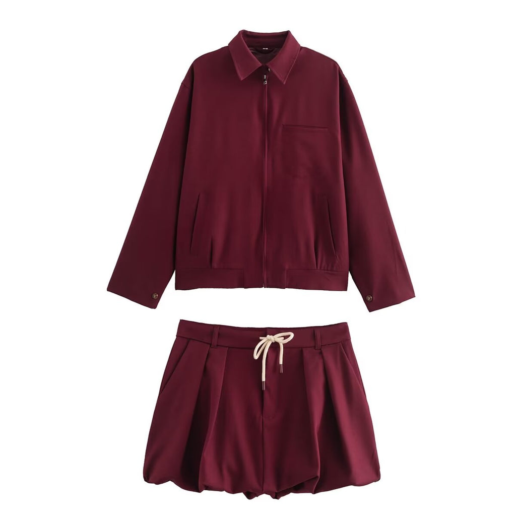 Women's Autumn Zipper Pocket Lantern Jacket and Skirt Two-Piece Set
