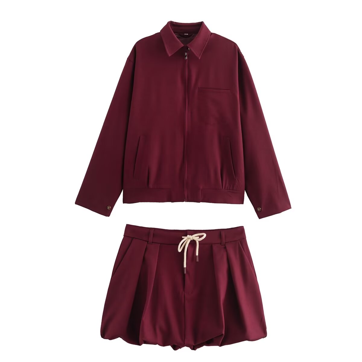 Women's Autumn Zipper Pocket Lantern Jacket and Skirt Two-Piece Set