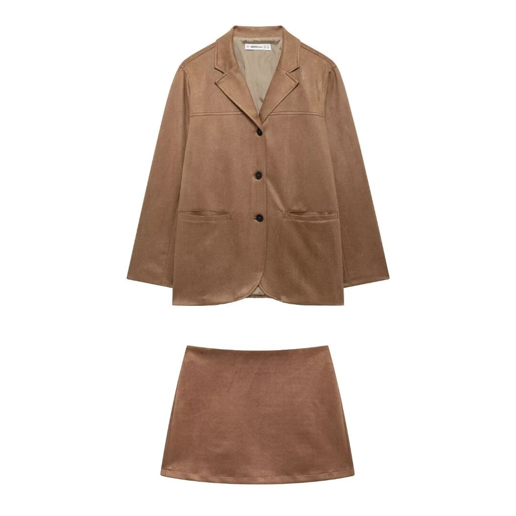 Women's Autumn Casual Elegant Suede Blazer and Skirt Two-Piece Set
