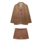 Women's Autumn Casual Elegant Suede Blazer and Skirt Two-Piece Set