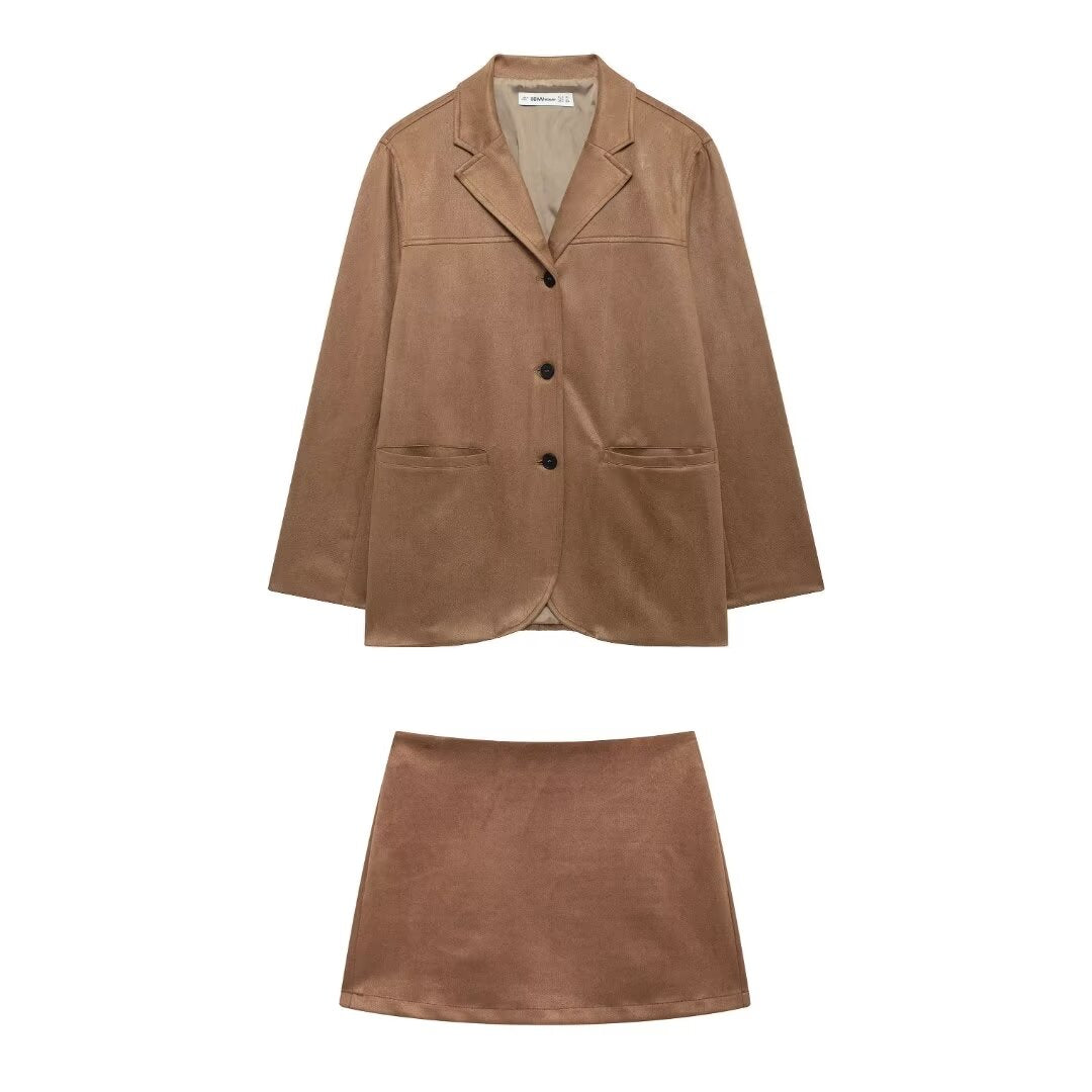 Women's Autumn Casual Elegant Suede Blazer and Skirt Two-Piece Set