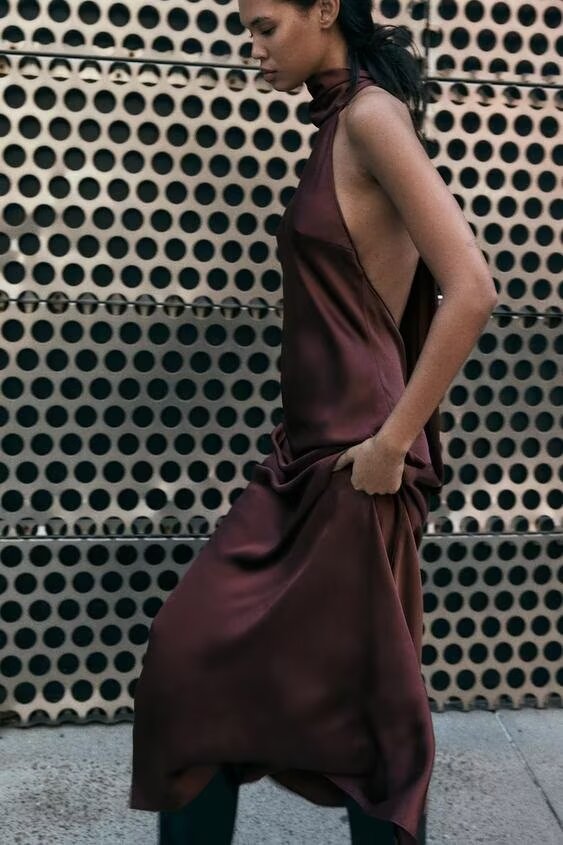 Women's Autumn Hanging Collar Silk Texture Maxi Dress Women Clothing
