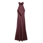 Women's Autumn Hanging Collar Silk Texture Maxi Dress Women Clothing