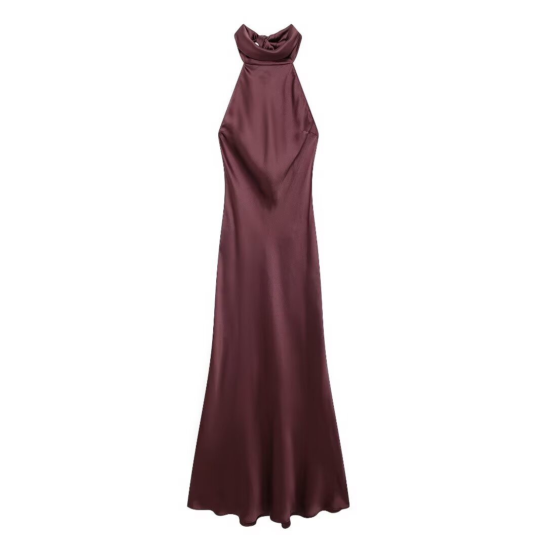 Women's Autumn Hanging Collar Silk Texture Maxi Dress Women Clothing
