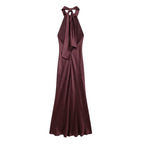 Women's Autumn Hanging Collar Silk Texture Maxi Dress Women Clothing