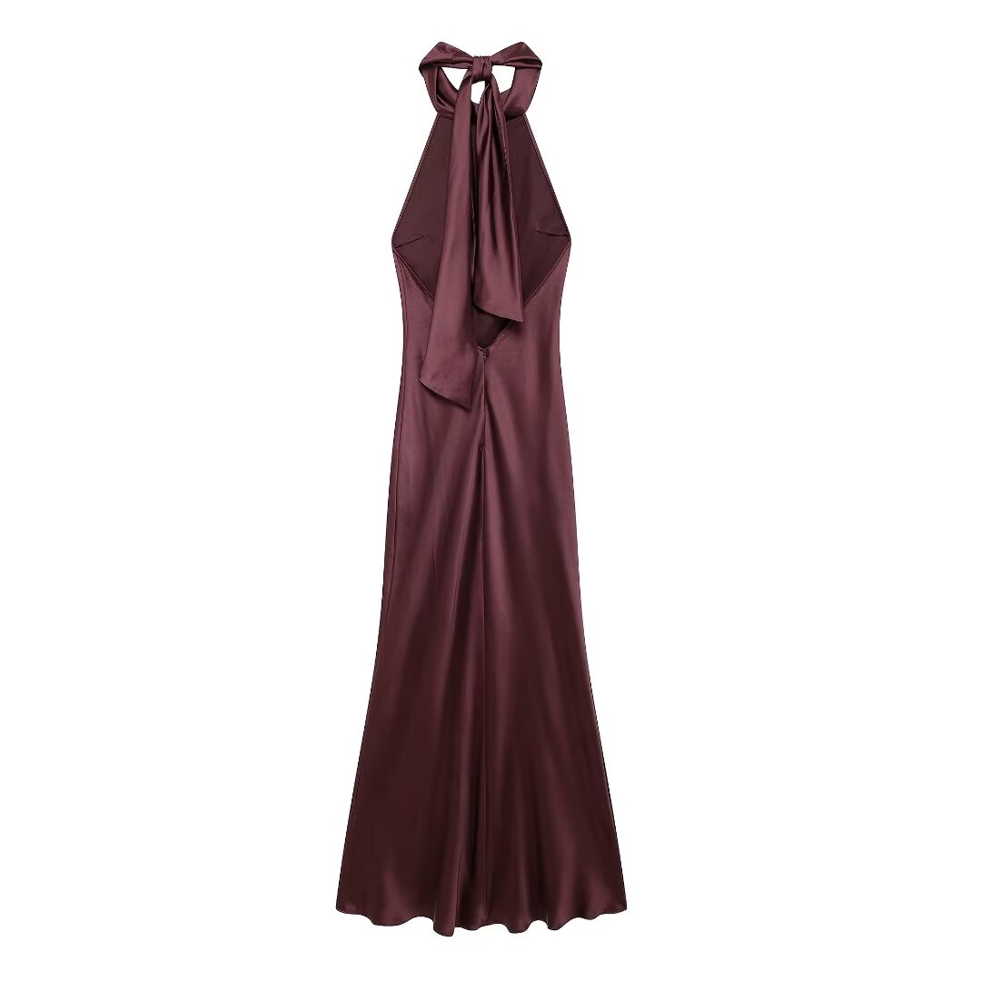 Women's Autumn Hanging Collar Silk Texture Maxi Dress Women Clothing