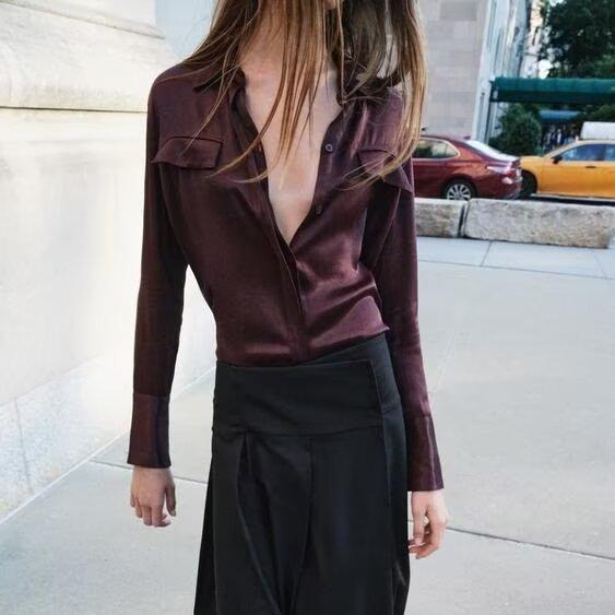 Women's Pocket Silk Satin Texture Shirt