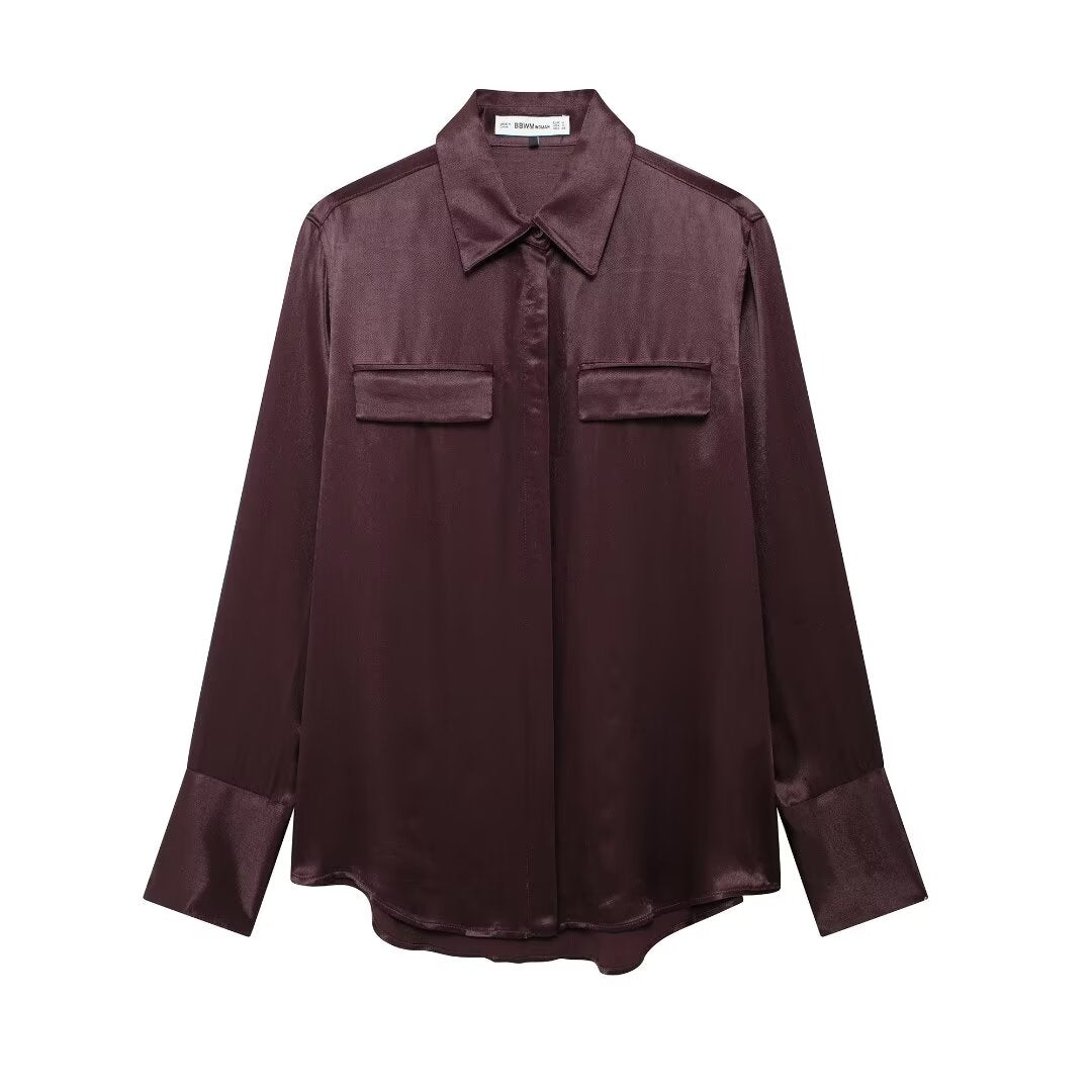 Women's Pocket Silk Satin Texture Shirt
