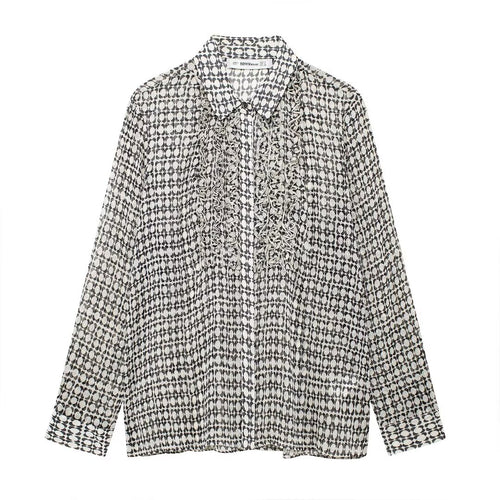 Autumn Women Advanced Loose Chest Laminated Decoration Printed Shirt