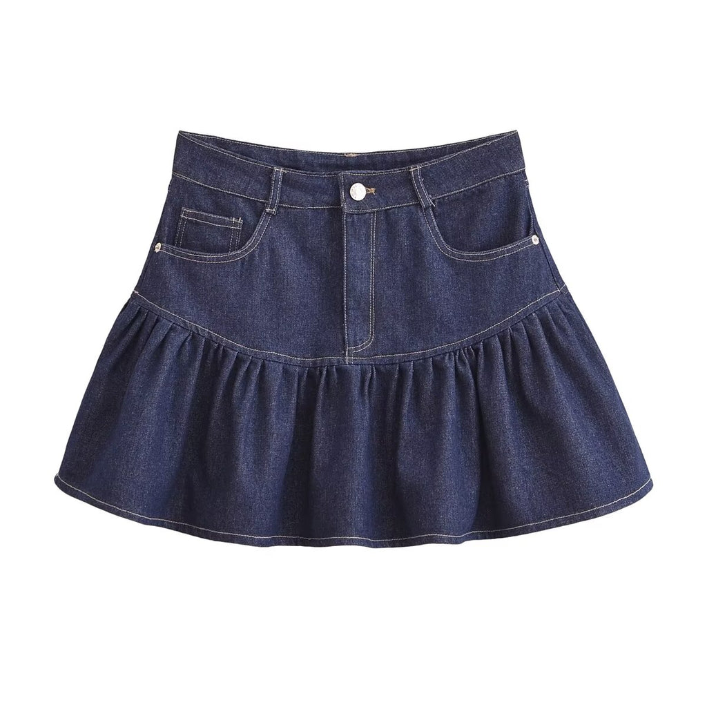 Denim Mid Waist Wide Hem Splicing Skirt