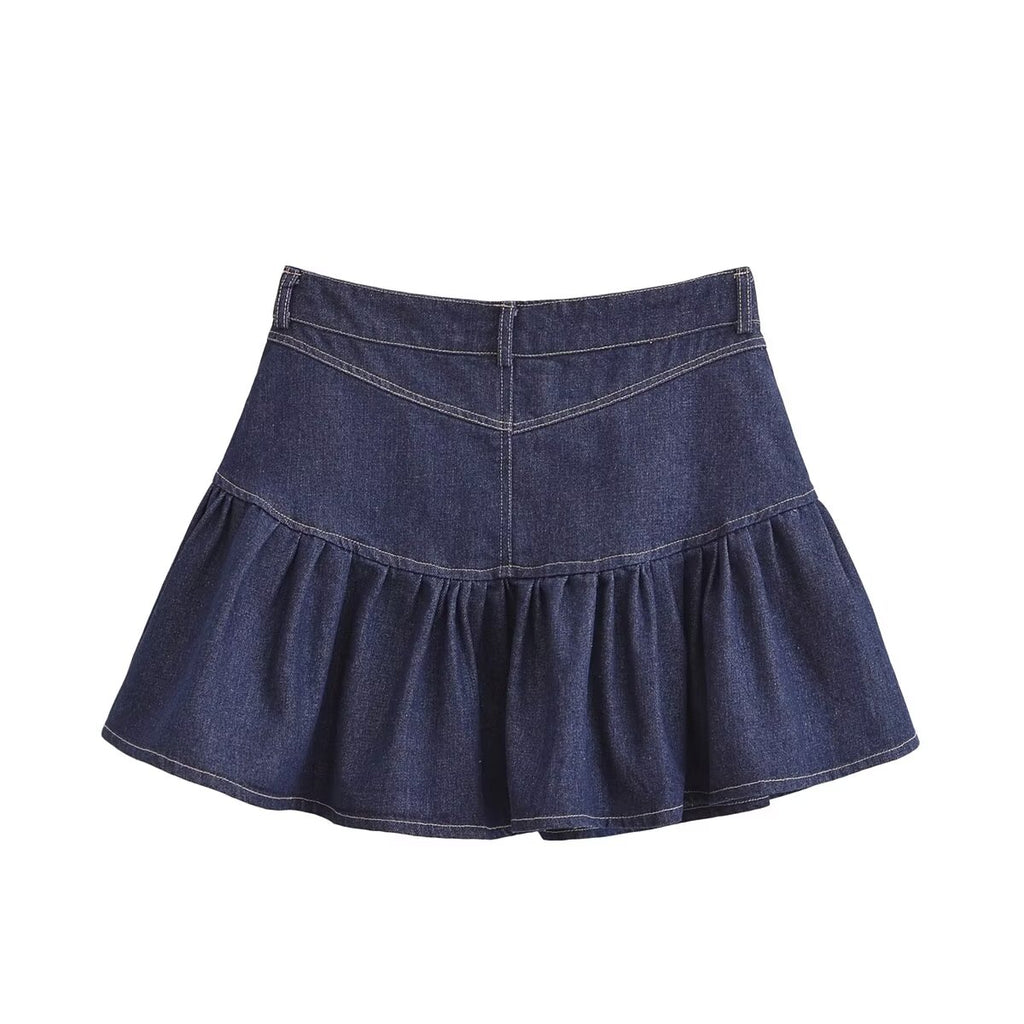 Denim Mid Waist Wide Hem Splicing Skirt
