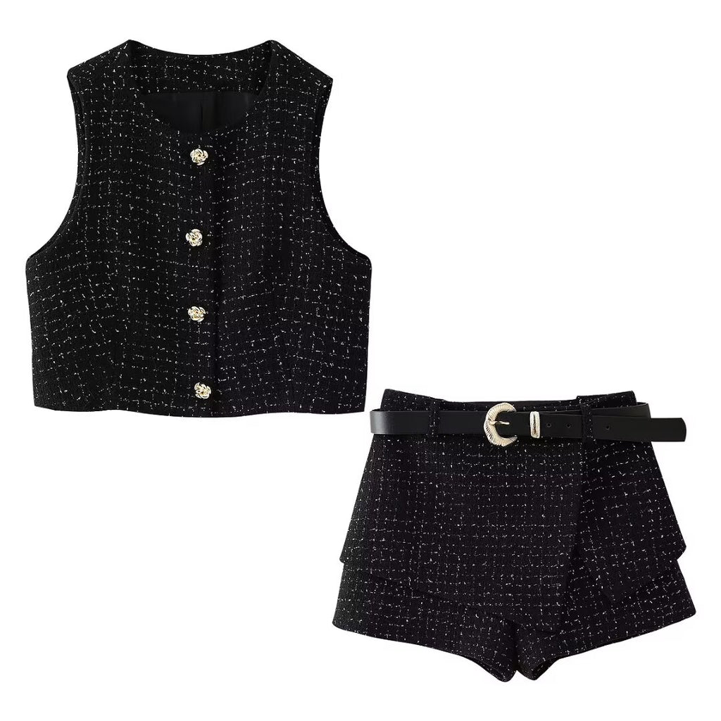 Women's Fall Texture Short Vest Pantskirt Sets