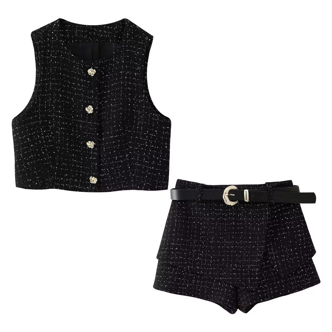 Women's Fall Texture Short Vest Pantskirt Sets