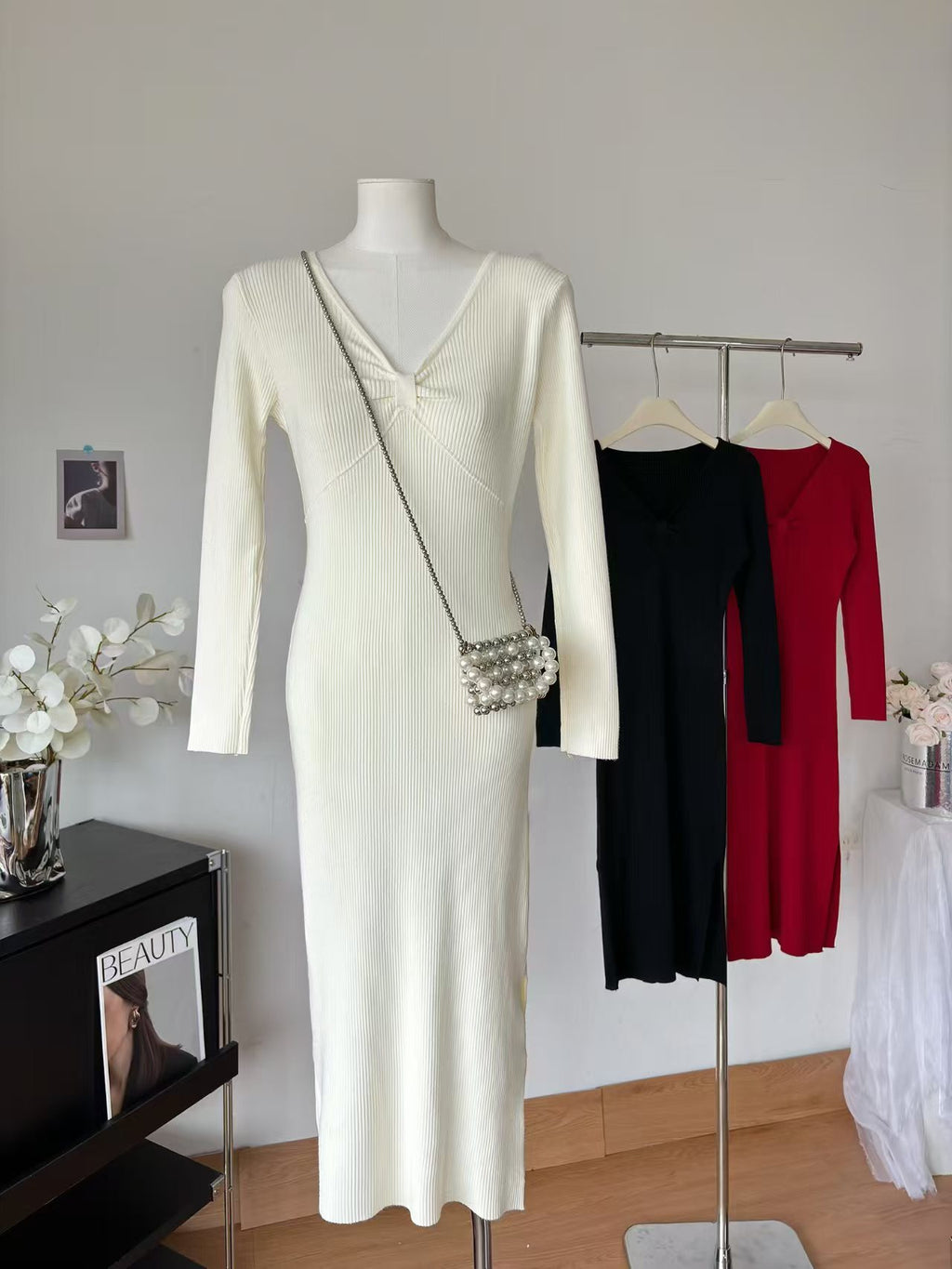 V-Neck Ribbed Long-Sleeve Split Knit Bodycon Midi Dress