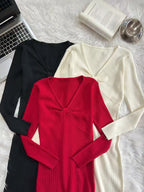 V-Neck Ribbed Long-Sleeve Split Knit Bodycon Midi Dress