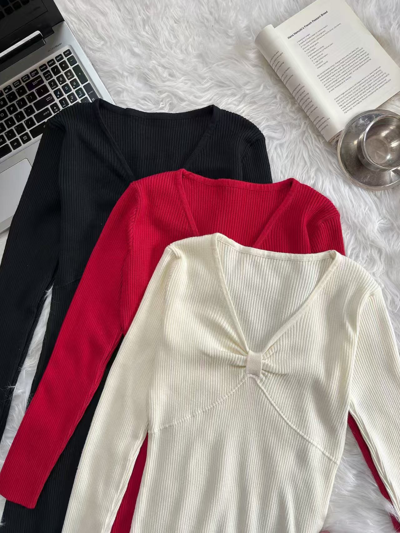 V-Neck Ribbed Long-Sleeve Split Knit Bodycon Midi Dress