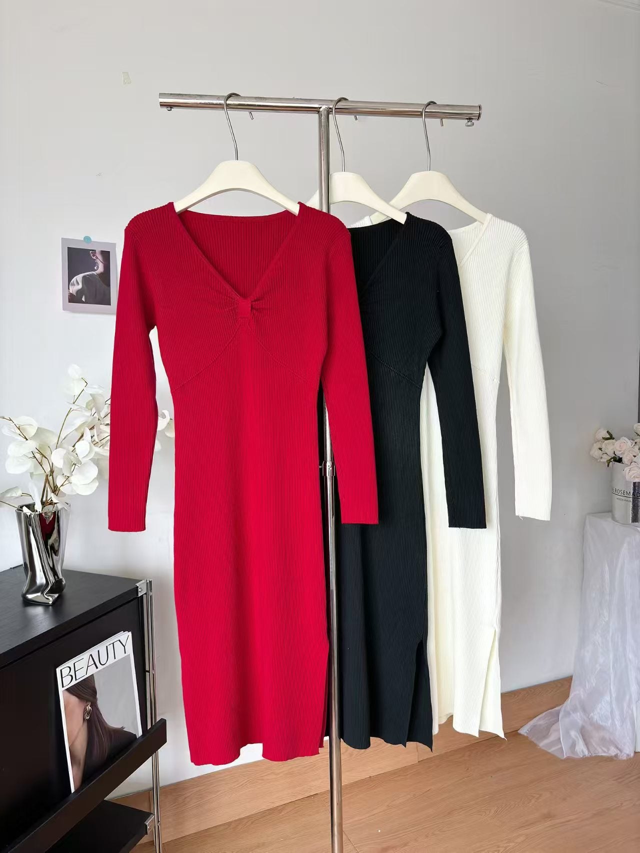 V-Neck Ribbed Long-Sleeve Split Knit Bodycon Midi Dress