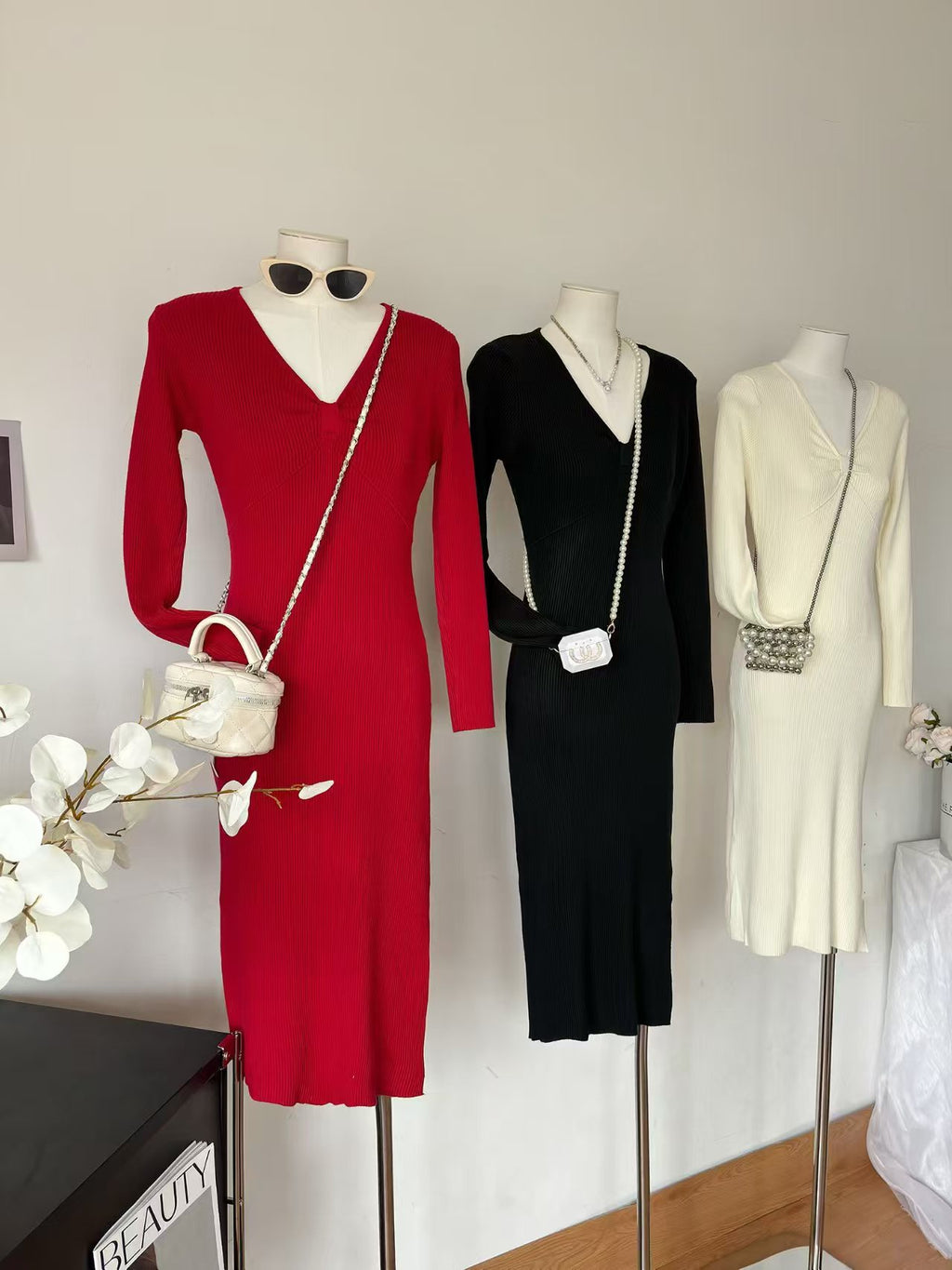 V-Neck Ribbed Long-Sleeve Split Knit Bodycon Midi Dress