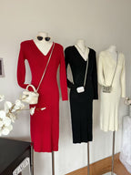 V-Neck Ribbed Long-Sleeve Split Knit Bodycon Midi Dress