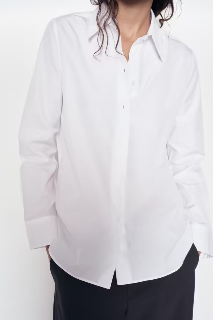 Women's Long Sleeve White Texture Floral Decorative Poplin Shirt