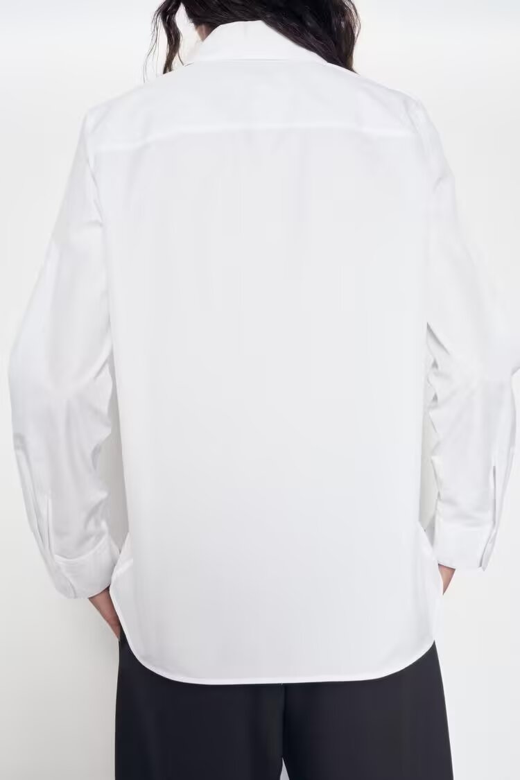 Women's Long Sleeve White Texture Floral Decorative Poplin Shirt